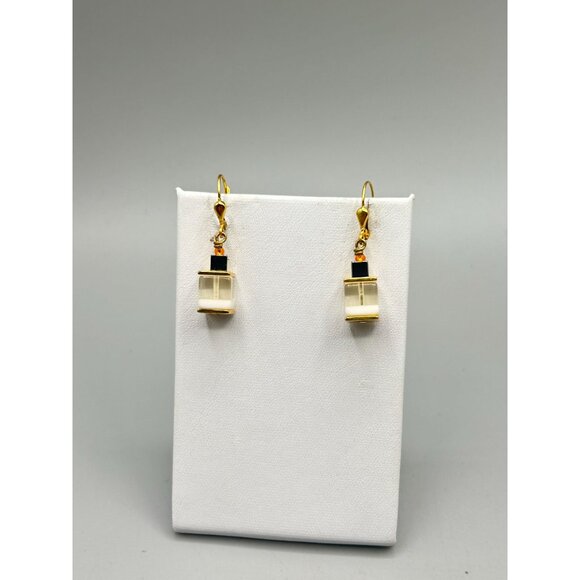Vintage Gold Tone Art Glass Lever Back Earrings with Geometric Design - Picture 3 of 7